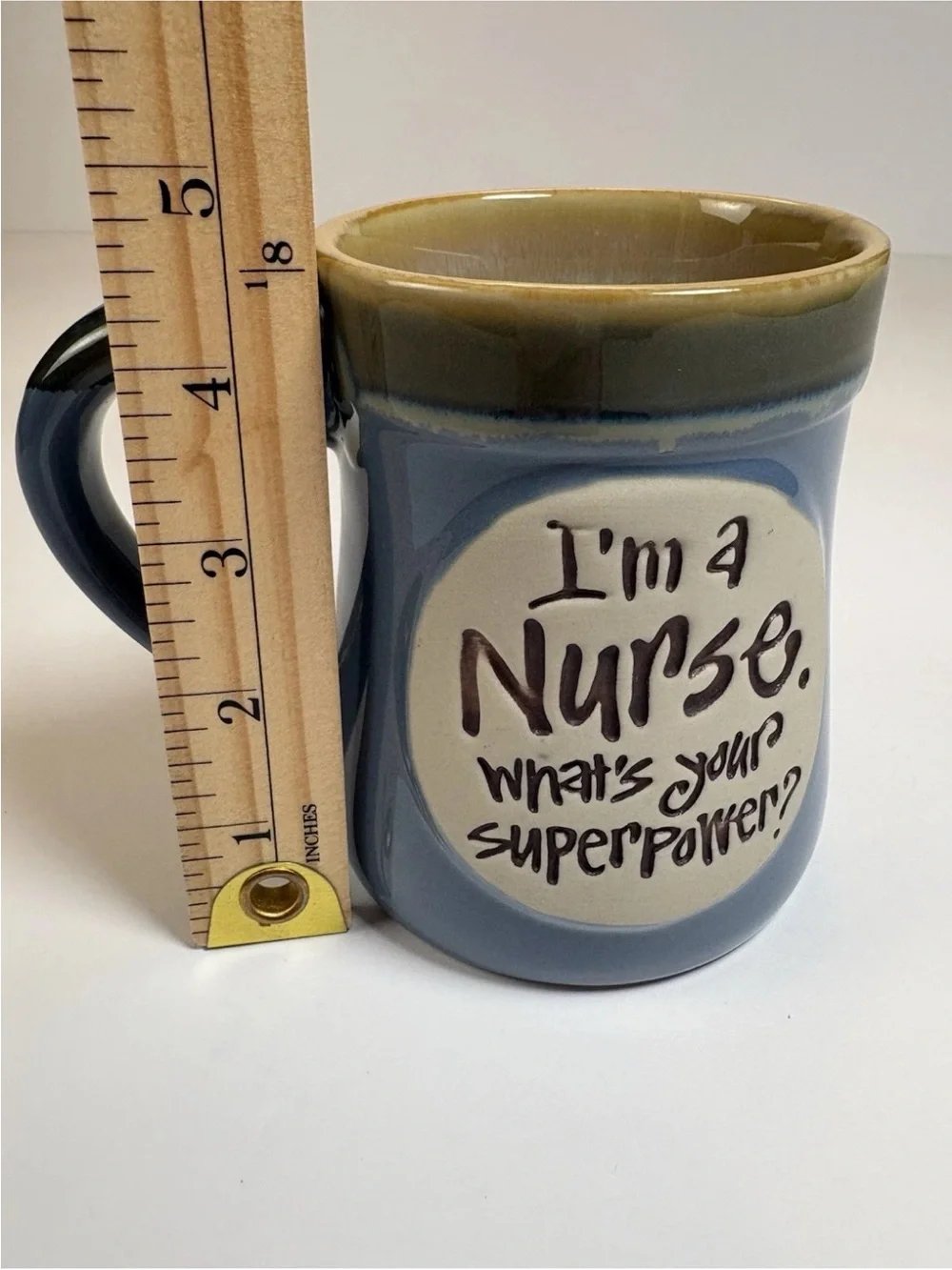 Blue and Tan Ceramic Nurse Mug with Inspirational Message